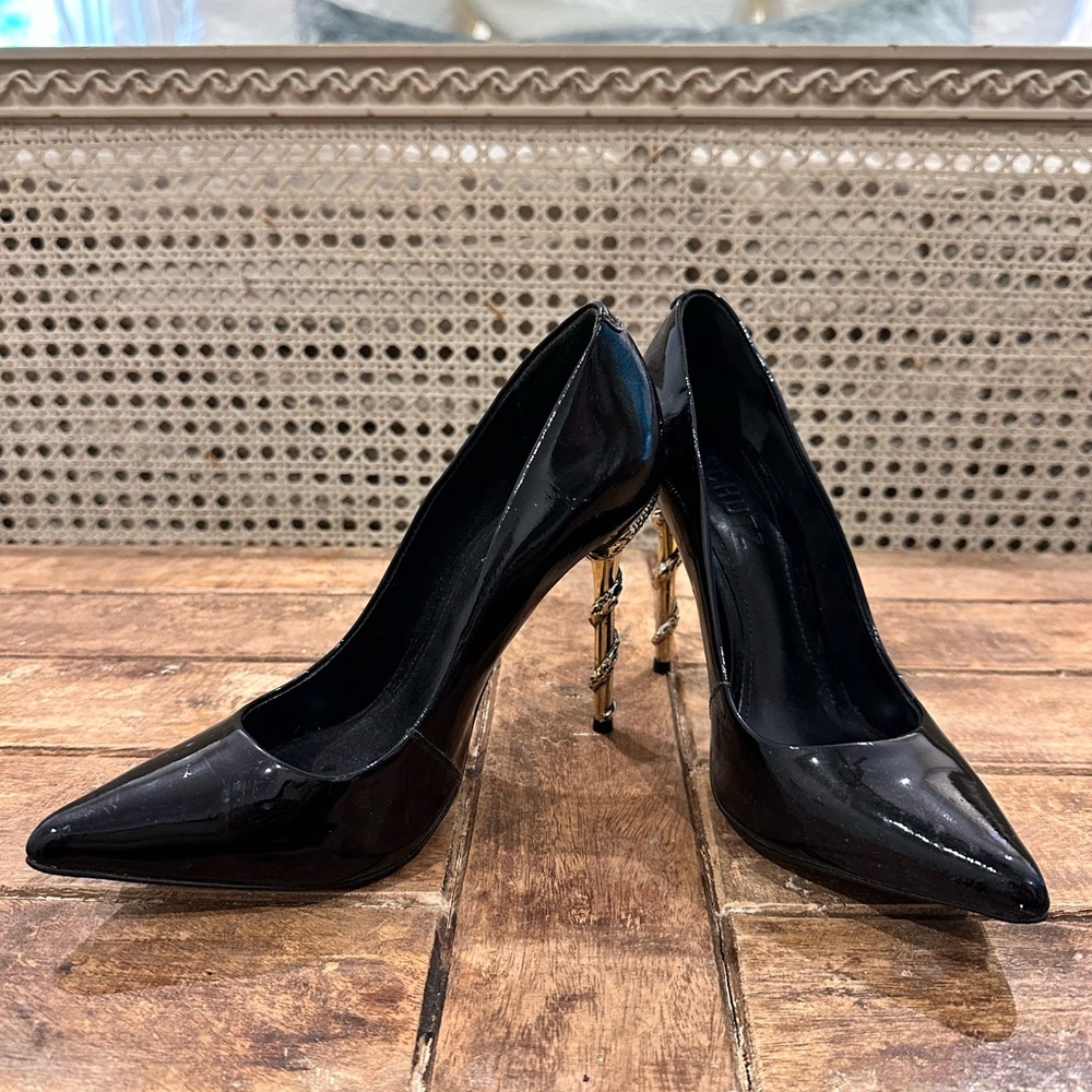 SCHUTZ Black Patent Leather Heels with Gold Snake wrapped Heel